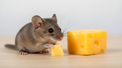 Fototapeta premium Close-Up of Little Mouse with Cheese – Cute Rodent