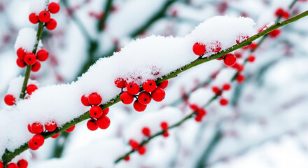 Red winter berries on snow covered branch close up, Generated by AI