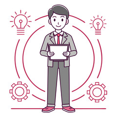 Businessperson Holding Clipboard With Gears And Lightbulbs, Innovation Strategy Concept Vector