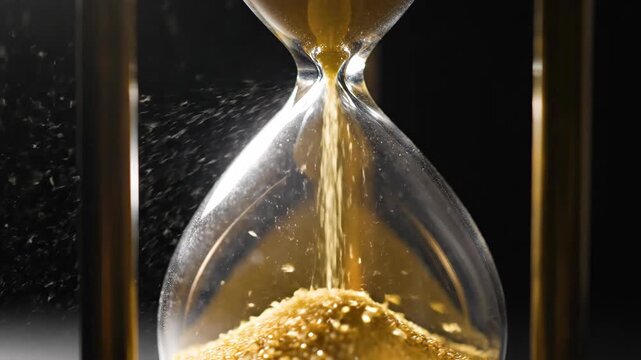 A dramatic low key studio close-up captures a classic hourglass with golden sand flowing rapidly, emphasizing the passage of time against a dark background.