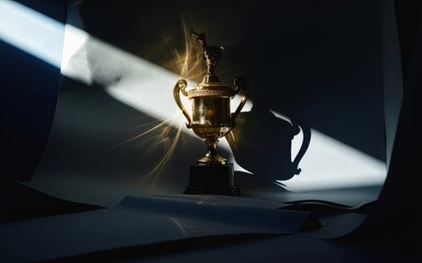 Shining gold trophy cup with handles on a dark surface in spotlight