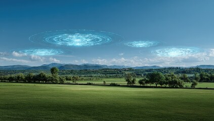 Ethereal Glowing Rings Hovering Over Lush Green Valley and Distant Mountains Under Blue Sky.