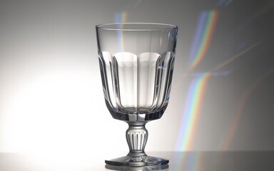 Crystal glass goblet with rainbow light refractions on a white surface