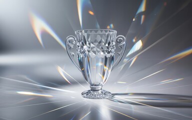 Shining crystal trophy cup with sparkling lights around it on a gray background