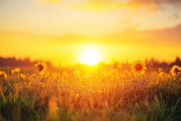 bright sunrise in a sunflower meadow