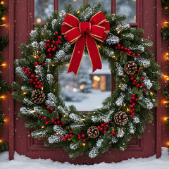 christmas wreath with red ribbon
