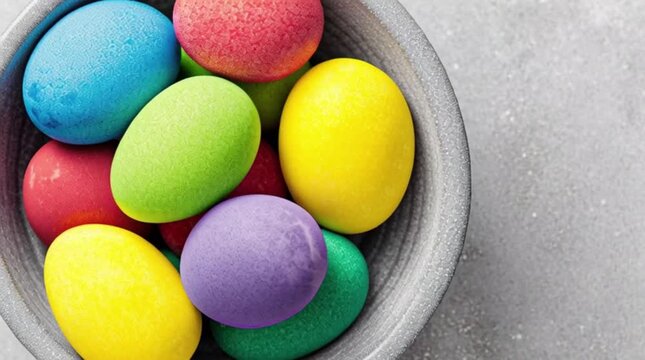 Colored Easter eggs in a gray ceramic bowl.