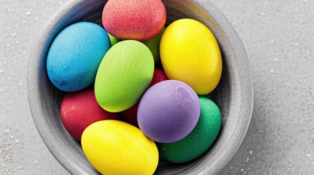 Colored Easter eggs in a gray ceramic bowl.