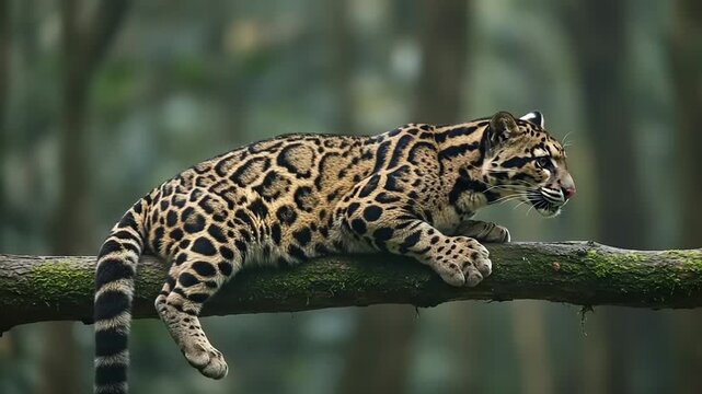 Clouded Leopard Resting on a Tree Branch in a Lush Forest.