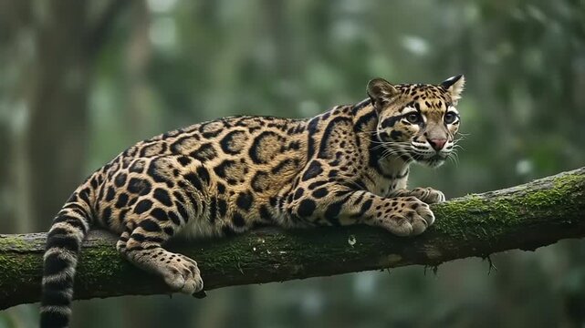 Clouded Leopard Resting on a Tree Branch in a Lush Green Forest.