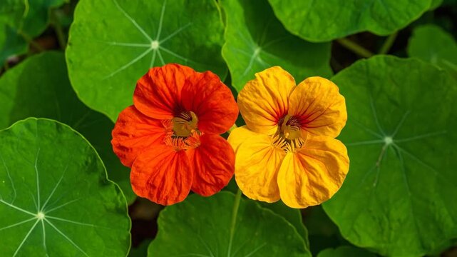 Vibrant Orange and Yellow Nasturtium Flowers Blooming in Garden