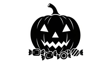 Black Halloween pumpkin jack o lantern with candy, isolated on white background