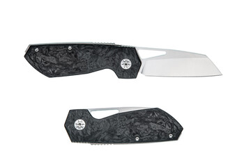 Two tactical folding knives with forged carbon fiber handles isolated on a white back