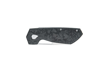 Closed tactical folding knife with a forged carbon fiber handle isolated on a white back