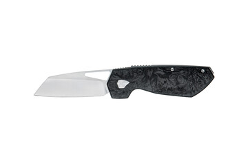 Open tactical folding knife with a forged carbon fiber handle isolated on a white back