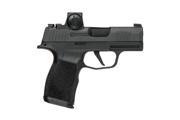 Black semi-automatic pistol with mounted red dot sight isolated on white back