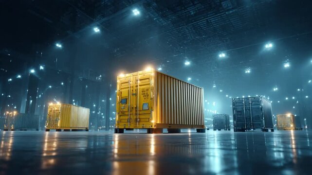 Medium shot of lightweight cargo containers being efficiently stacked to maximize secure storage space in a modern warehouse environment.