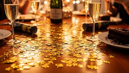 New Year's Eve celebration with champagne and gold confetti