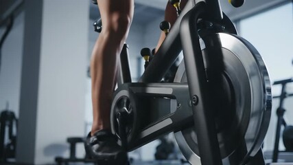 Close-up footage of a person intensely cycling indoors on a stationary bike at the gym
