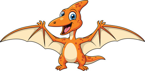Cute cartoon pterodactyl dinosaur character with open wings smiling friendly prehistoric flying animal mascot isolated on white background vector illustration © Biplob Creatives