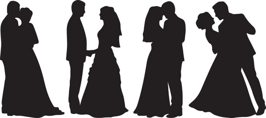 Elegant black silhouettes of brides and grooms celebrating their special wedding day together