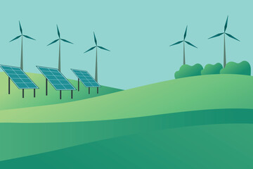 Vector landscape of a green meadow, sky, wind turbines, and solar panels. Eco-friendly environment.