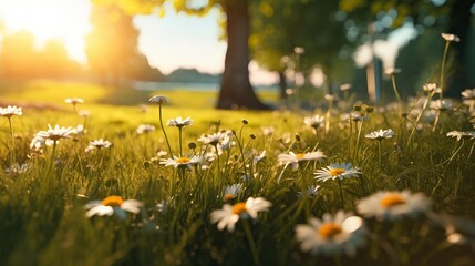 Sunny Spring Meadow Background: Field of White Daisies with Soft Bokeh and Sunlight