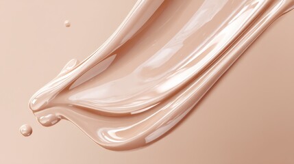 A creamy substance is shown spread across a smooth surface. The product has a light shade and appears shiny under soft indoor lighting. There are small droplets nearby.