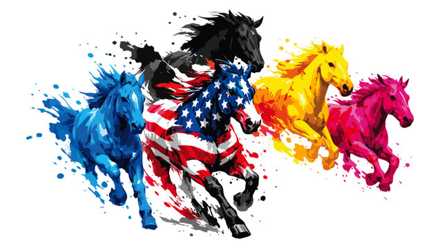 Running Horses with USA Flag Paint Splash, Dynamic Patriotic Abstract Illustration, horse, running horses, galloping horse, usa flag horse, american flag, patriotic art, freedom concept,