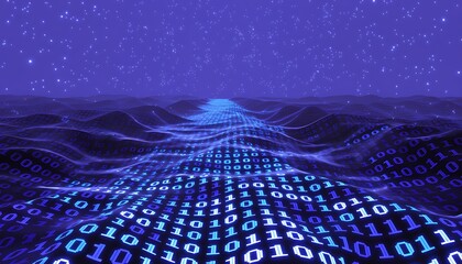 binary code streaming through digital landscape under starry purple night sky