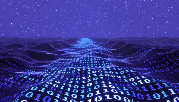 binary code streaming through digital landscape under starry purple night sky - Powered by Adobe