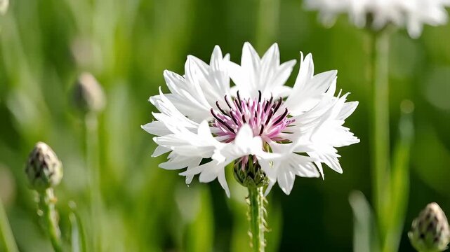 Closeup of a delicate white cornflower with a purple center blooming in a sunlit garden.