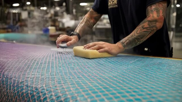 Medium shot of intricate silkscreen design being cleaned and prepped by a technician highlighting detailed patterns and mesh renewal.
