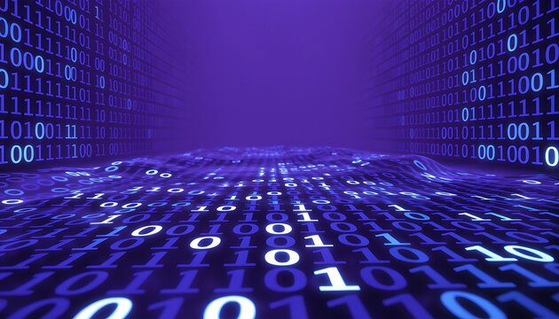 Binary code numbers flowing through digital tunnel - Powered by Adobe