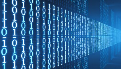 Blue binary code tunnel with glowing numbers flowing into the distance