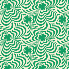 Seamless Op Art Pattern with Swirling Green Shamrocks and Abstract Curves. Groovy retro 60s, 70s floral pattern. Lucky clover background. Saint Patrick's Day seamless pattern. 