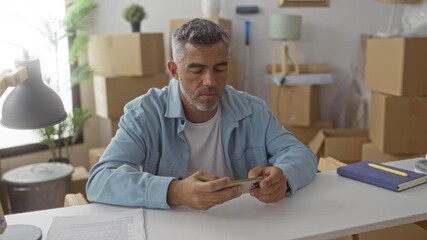 Man with grey hair holding smartphone and gesturing with free hand while seated at table surrounded by stacked moving boxes in a building; frustration.
