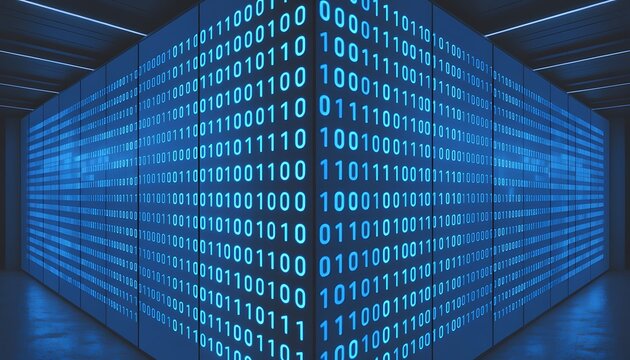 Blue screen with binary code in a dark room - Powered by Adobe