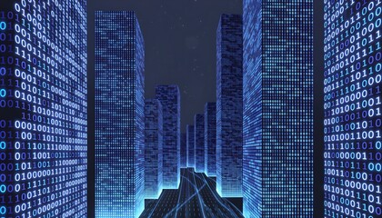 Cityscape with binary code skyscrapers at night