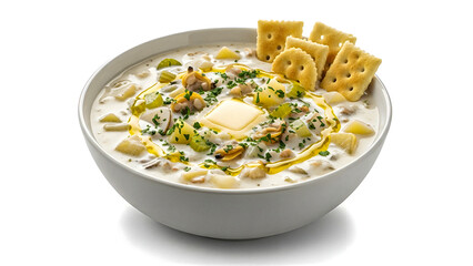 Delicious and creamy seafood chowder with buttered crackers and fresh herbs, a comforting bowl perfect for any meal