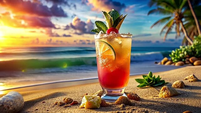 A tropical cocktail on a sandy beach during a vibrant sunset. Refreshing summer drink with ocean waves in the background. Vacation and relaxation concept