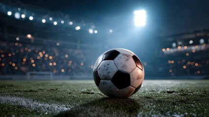 Soccer ball resting on the field under bright stadium lights during an evening match - Powered by Adobe