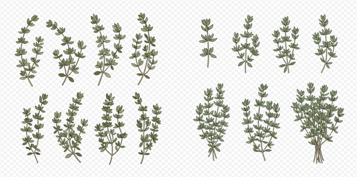 Set of fresh thyme sprigs and bunches with green leaves, aromatic herb for cooking.