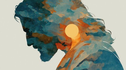 Watercolor illustration of Jesus silhouette in muted earth tones, conveying serenity, faith, and spiritual presence