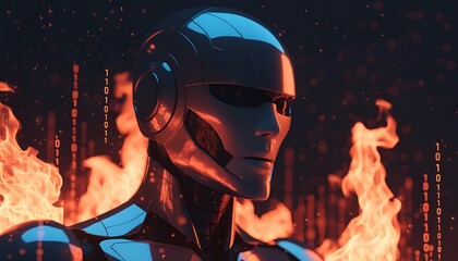 robot head with flames and binary code in background