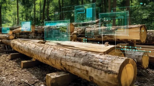 Medium frame capturing IoT sensors attached to wooden logs transmitting realtime health metrics to a central monitoring system in a forest setting.