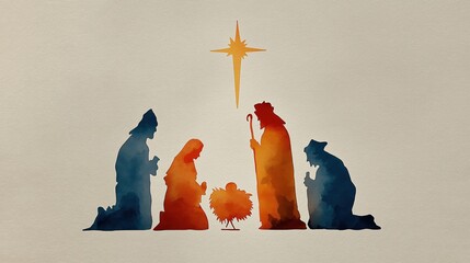 Watercolor painting of the Wise Men visiting baby Jesus in the manger, presenting gifts with reverent adoration