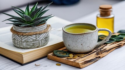 Minimal table with herbal tea, open book, and natural wooden tray, creating cozy, calm, and wellness-focused reading atmosphere