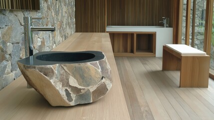 Modern bathroom with natural stone sink, wooden textures, and calming neutral tones creating serene, spa-like, wellness-focused interior space