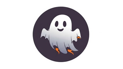 Cute cartoon ghost character with happy face, floating in dark circle, halloween icon